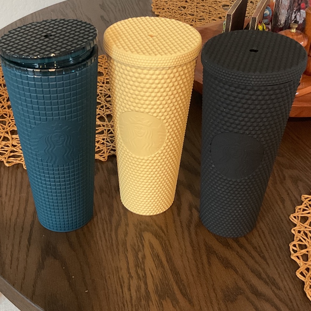 Starbucks Trio of Textured Tumblers in Teal, Yellow, and Black